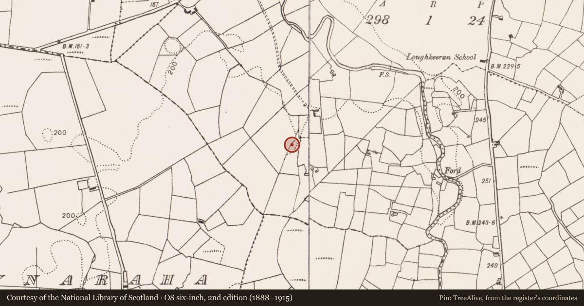 Ordnance Survey six-inch map, 2nd edition (1888–1915) covering the location of Fulacht fia, Knockatemple, County Mayo, with a pin at the register's coordinates