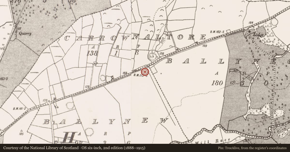 Ordnance Survey six-inch map, 2nd edition (1888–1915) covering the location of Enclosure, Ballynew, County Mayo, with a pin at the register's coordinates