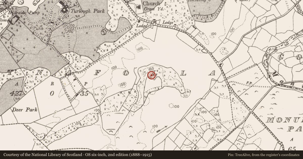 Ordnance Survey six-inch map, 2nd edition (1888–1915) covering the location of Enclosure, Gortnafolla, County Mayo, with a pin at the register's coordinates