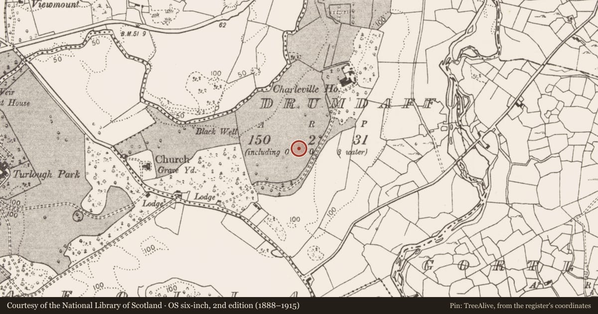Ordnance Survey six-inch map, 2nd edition (1888–1915) covering the location of Standing stone, Drumdaff, County Mayo, with a pin at the register's coordinates