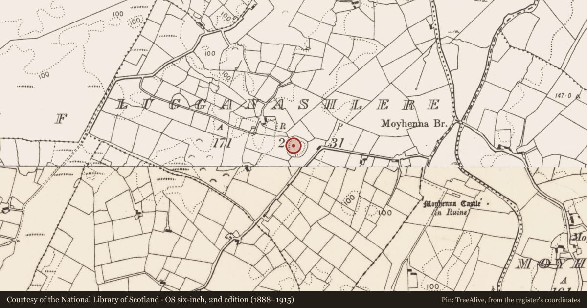 Ordnance Survey six-inch map, 2nd edition (1888–1915) covering the location of Enclosure, Lugganashlere, County Mayo, with a pin at the register's coordinates