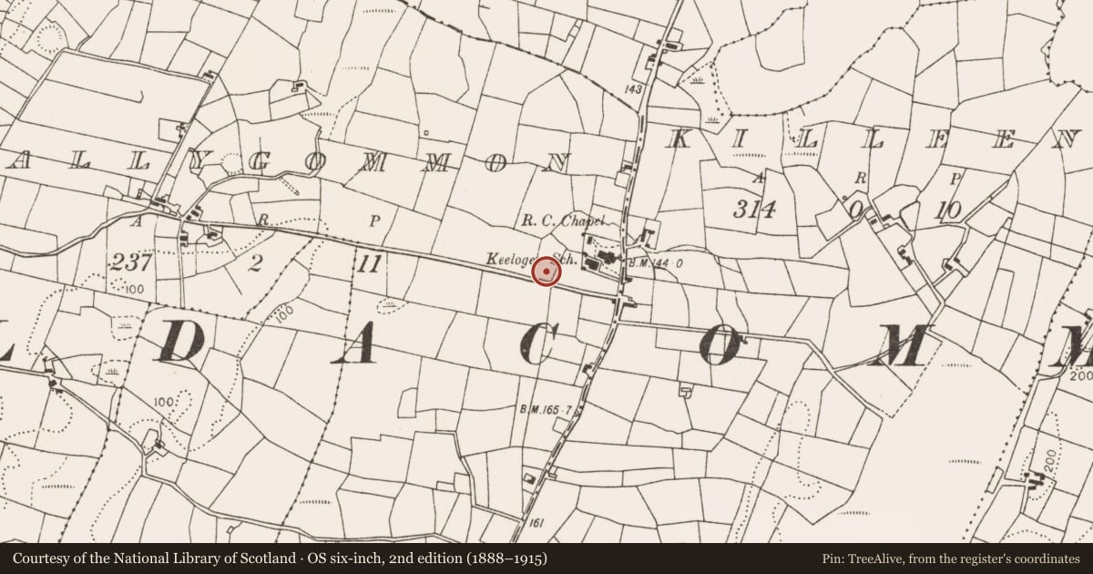 Ordnance Survey six-inch map, 2nd edition (1888–1915) covering the location of Enclosure, Ballygommon, County Mayo, with a pin at the register's coordinates