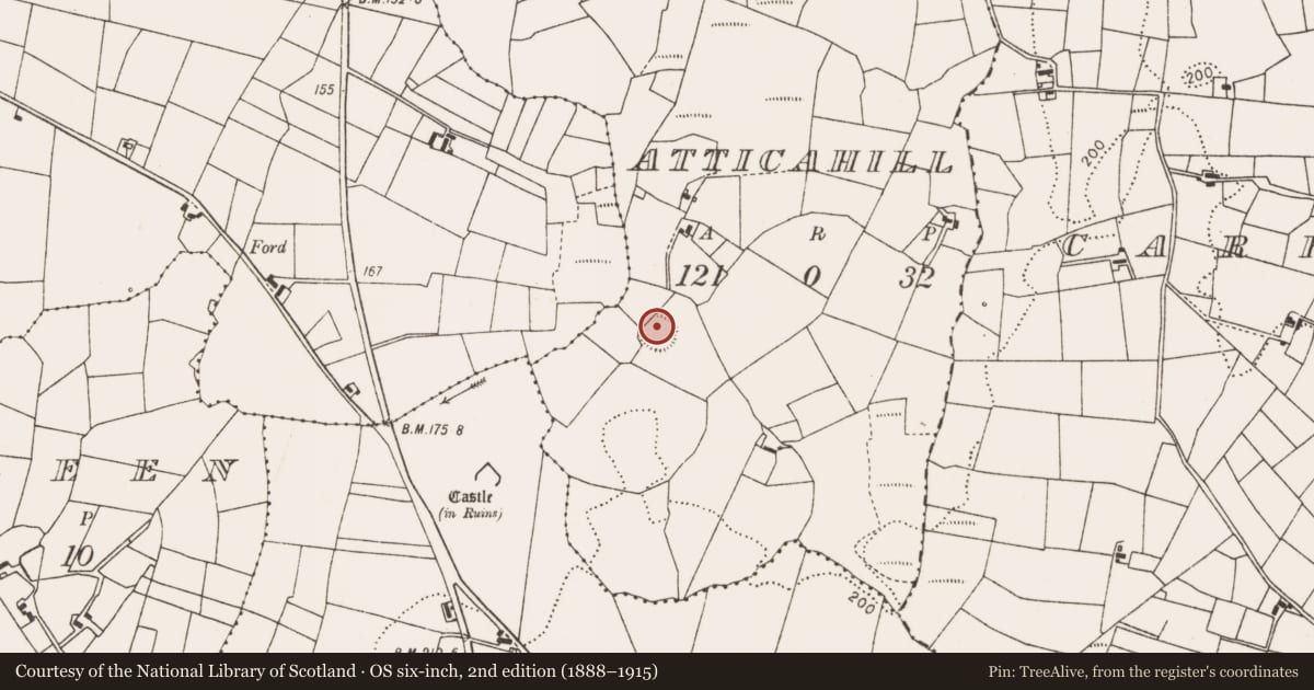 Ordnance Survey six-inch map, 2nd edition (1888–1915) covering the location of Enclosure, Atticahill, County Mayo, with a pin at the register's coordinates