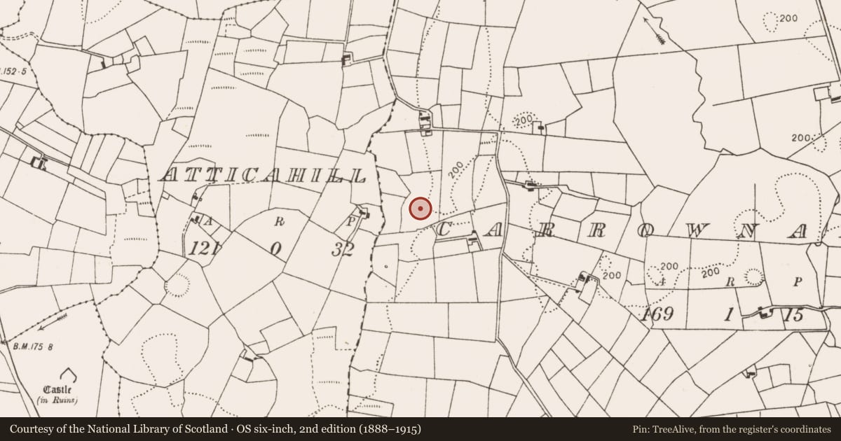 Ordnance Survey six-inch map, 2nd edition (1888–1915) covering the location of Earthwork, Carrownaraha, County Mayo, with a pin at the register's coordinates