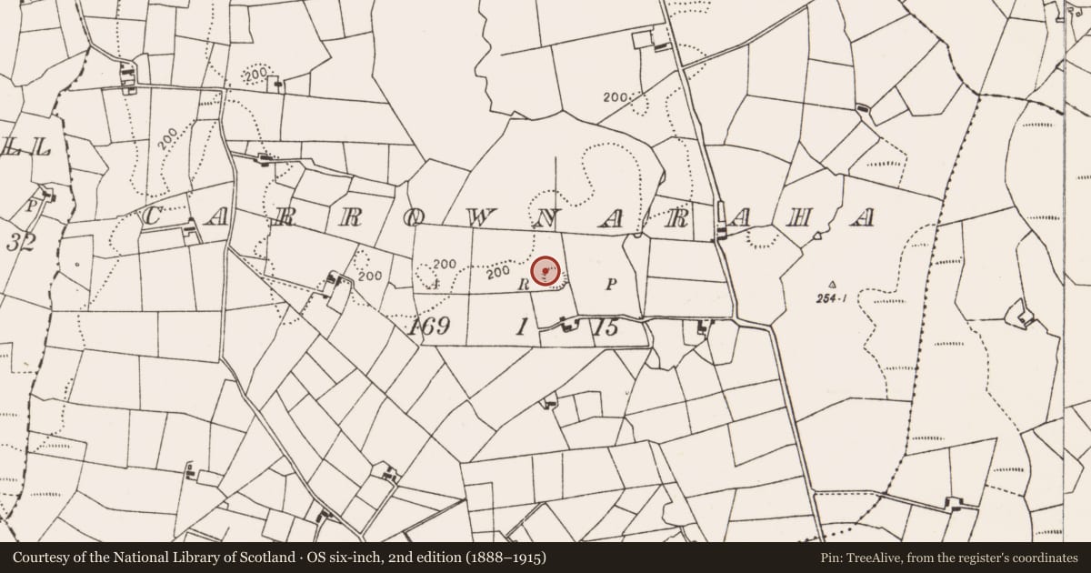 Ordnance Survey six-inch map, 2nd edition (1888–1915) covering the location of Ringfort - rath, Carrownaraha, County Mayo, with a pin at the register's coordinates