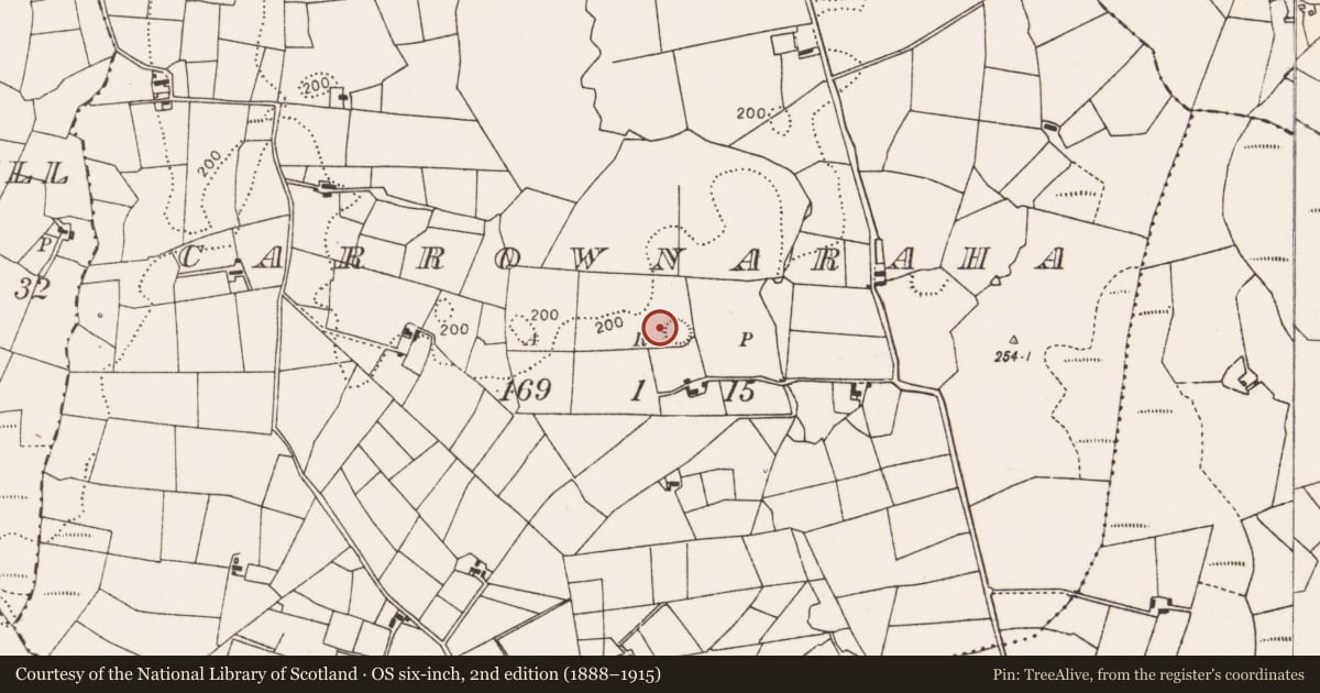 Ordnance Survey six-inch map, 2nd edition (1888–1915) covering the location of Souterrain, Carrownaraha, County Mayo, with a pin at the register's coordinates