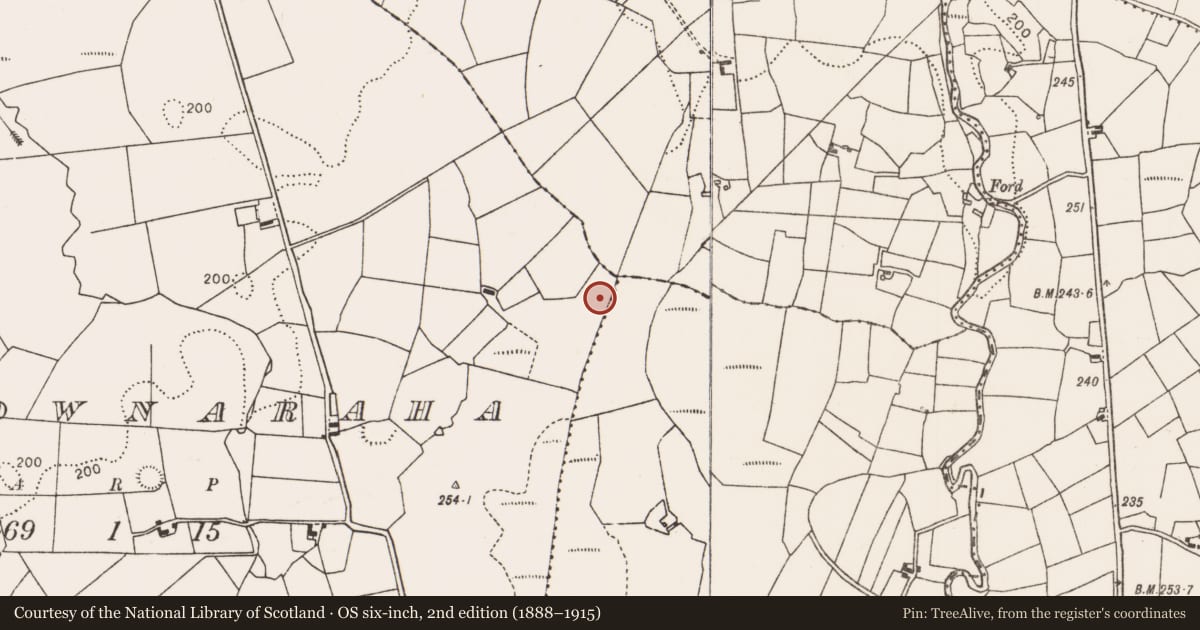 Ordnance Survey six-inch map, 2nd edition (1888–1915) covering the location of Fulacht fia, Carrownaraha, County Mayo, with a pin at the register's coordinates