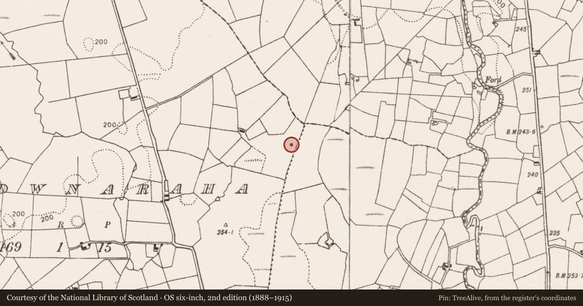 Ordnance Survey six-inch map, 2nd edition (1888–1915) covering the location of Fulacht fia, Carrownaraha, County Mayo, with a pin at the register's coordinates