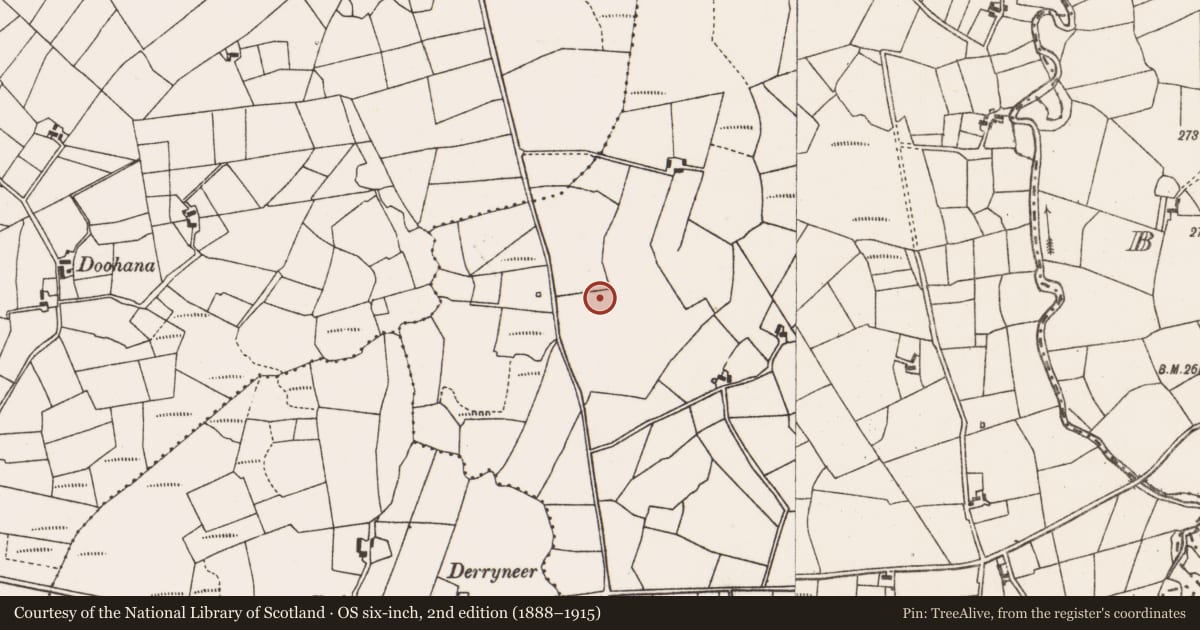 Ordnance Survey six-inch map, 2nd edition (1888–1915) covering the location of Fulacht fia, Aghalusky, County Mayo, with a pin at the register's coordinates