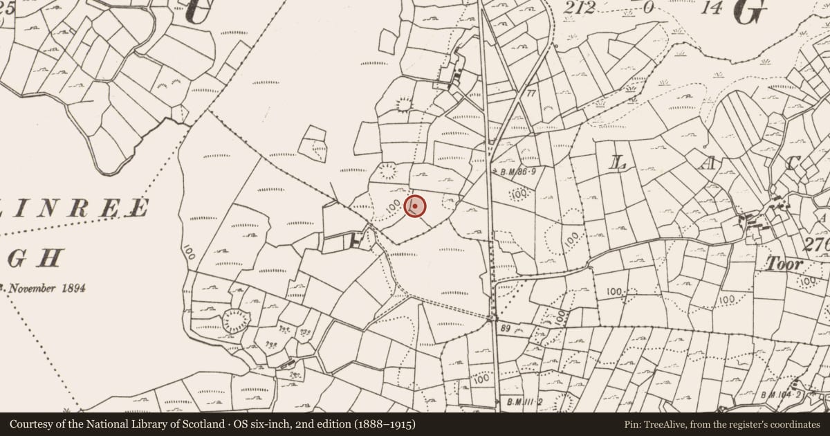 Ordnance Survey six-inch map, 2nd edition (1888–1915) covering the location of Burnt mound, Ballygarriff, County Mayo, with a pin at the register's coordinates