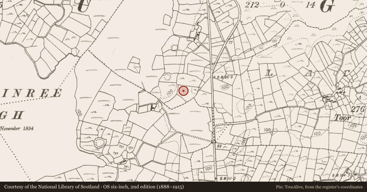 Ordnance Survey six-inch map, 2nd edition (1888–1915) covering the location of Burnt mound, Ballygarriff, County Mayo, with a pin at the register's coordinates