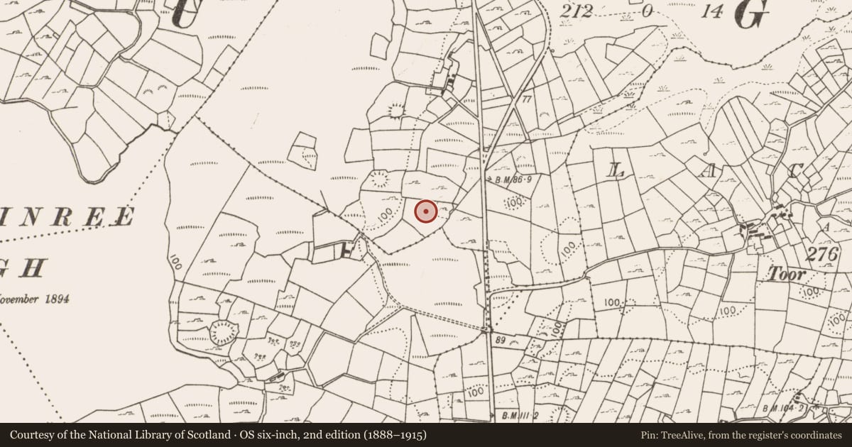 Ordnance Survey six-inch map, 2nd edition (1888–1915) covering the location of Burnt mound, Ballygarriff, County Mayo, with a pin at the register's coordinates