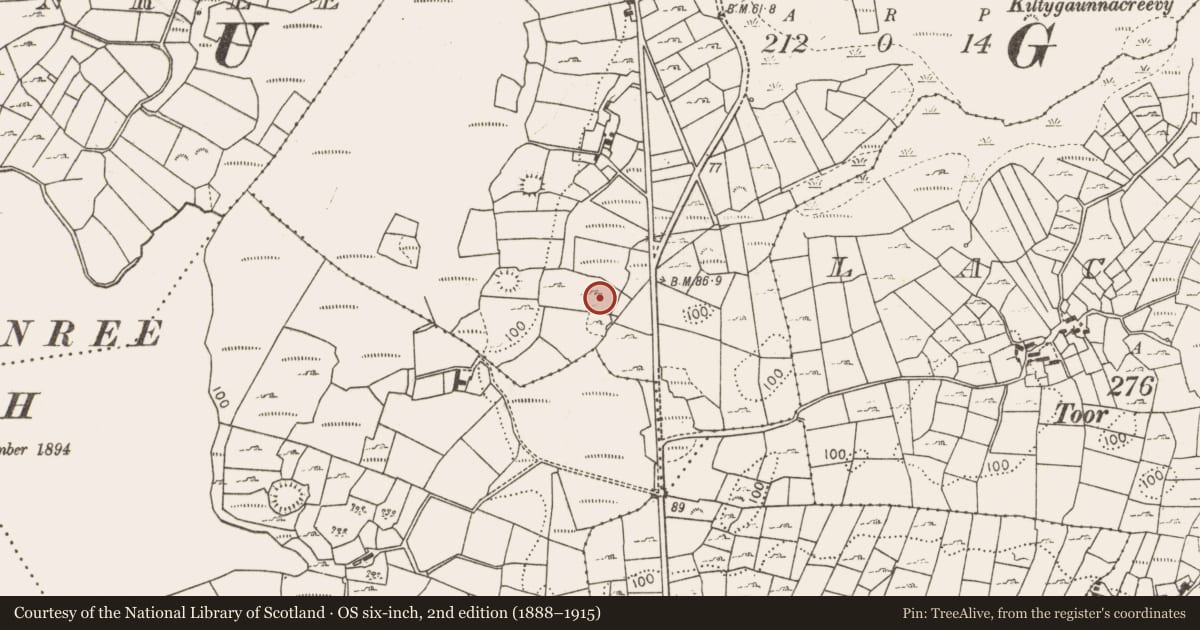 Ordnance Survey six-inch map, 2nd edition (1888–1915) covering the location of Burnt spread, Ballygarriff, County Mayo, with a pin at the register's coordinates