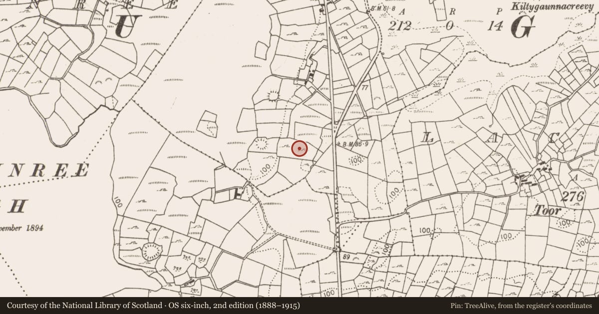 Ordnance Survey six-inch map, 2nd edition (1888–1915) covering the location of Burnt spread, Ballygarriff, County Mayo, with a pin at the register's coordinates