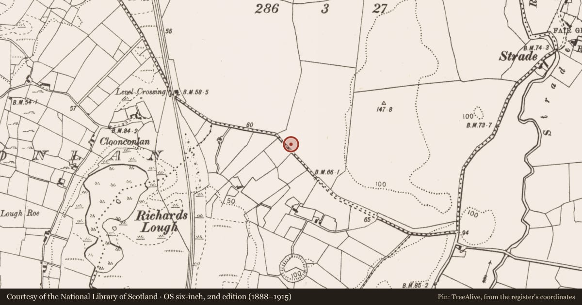 Ordnance Survey six-inch map, 2nd edition (1888–1915) covering the location of Burnt mound, Knockshanbally, County Mayo, with a pin at the register's coordinates