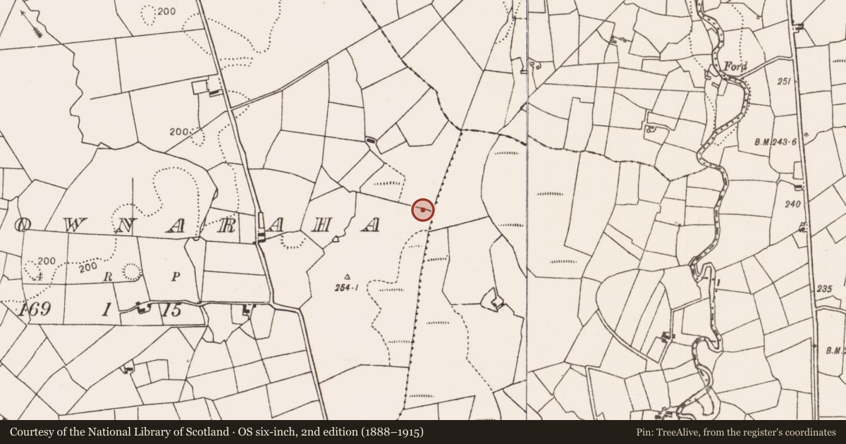 Ordnance Survey six-inch map, 2nd edition (1888–1915) covering the location of Fulacht fia, Carrownaraha, County Mayo, with a pin at the register's coordinates