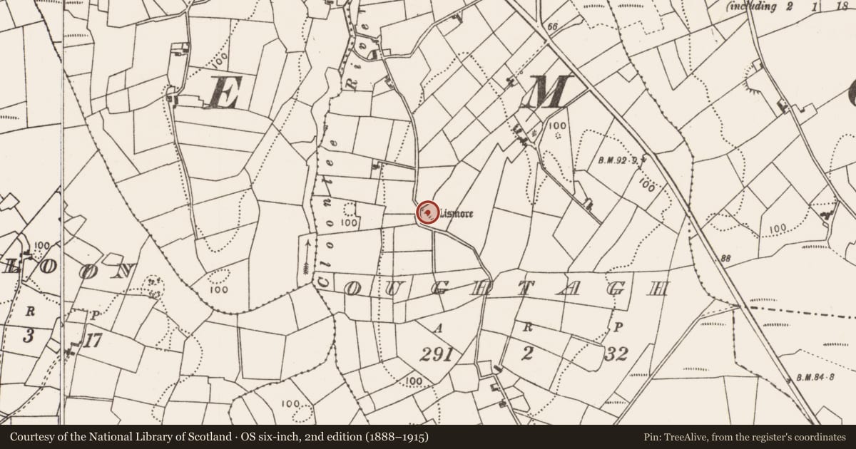 Ordnance Survey six-inch map, 2nd edition (1888–1915) covering the location of Ringfort - rath, Oughtagh, County Mayo, with a pin at the register's coordinates