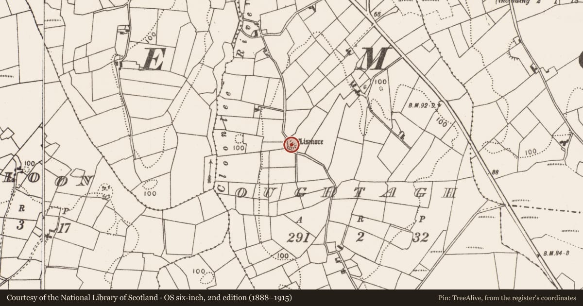 Ordnance Survey six-inch map, 2nd edition (1888–1915) covering the location of Souterrain, Oughtagh, County Mayo, with a pin at the register's coordinates
