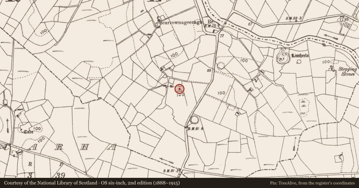 Ordnance Survey six-inch map, 2nd edition (1888–1915) covering the location of Enclosure, Carrowgallda, County Mayo, with a pin at the register's coordinates