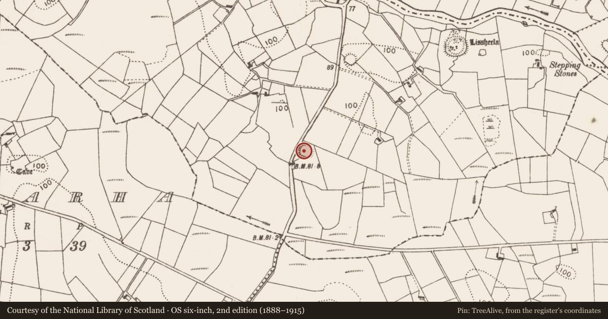 Ordnance Survey six-inch map, 2nd edition (1888–1915) covering the location of Ringfort - rath, Carrowgallda, County Mayo, with a pin at the register's coordinates