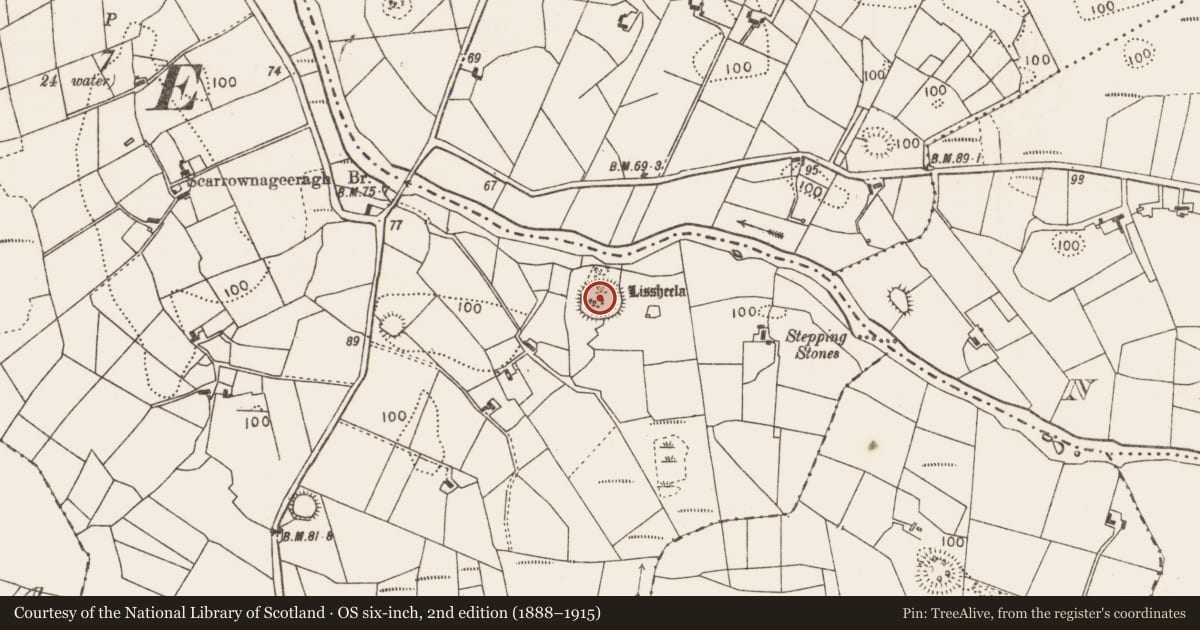 Ordnance Survey six-inch map, 2nd edition (1888–1915) covering the location of Ringfort - rath, Carrowgallda, County Mayo, with a pin at the register's coordinates