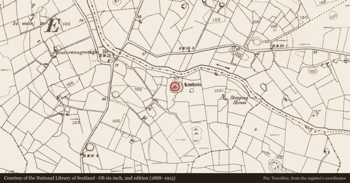 Ordnance Survey six-inch map, 2nd edition (1888–1915) covering the location of Souterrain, Carrowgallda, County Mayo, with a pin at the register's coordinates