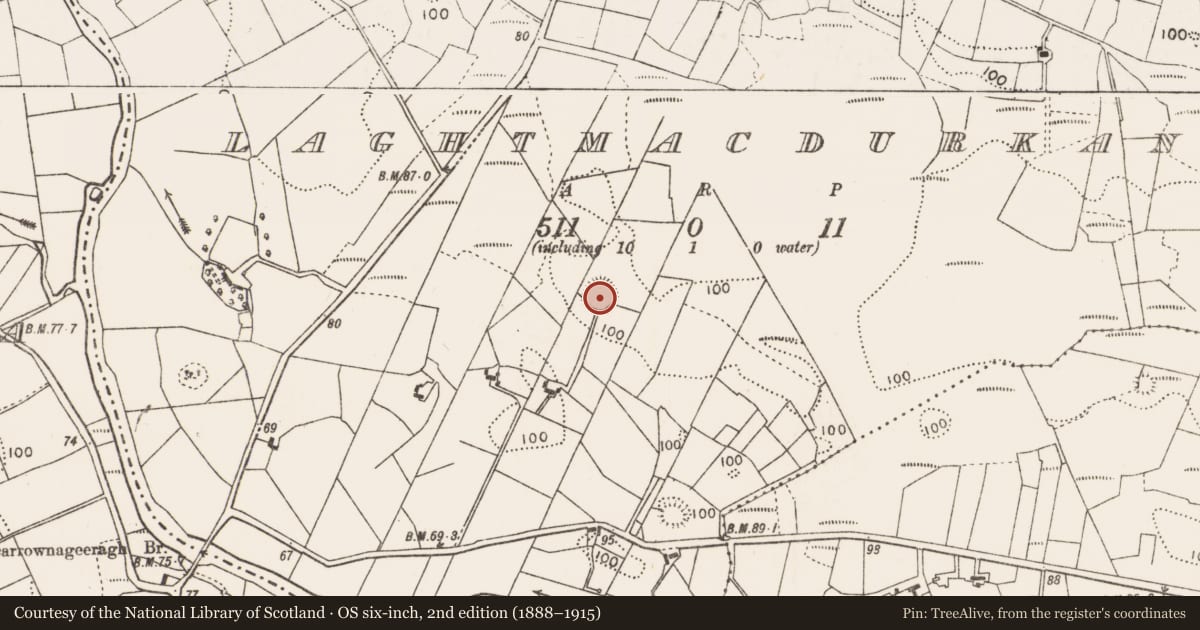 Ordnance Survey six-inch map, 2nd edition (1888–1915) covering the location of Ringfort - rath, Laghtmacdurkan, County Mayo, with a pin at the register's coordinates