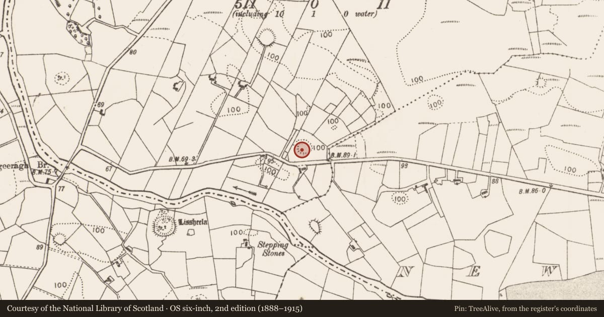 Ordnance Survey six-inch map, 2nd edition (1888–1915) covering the location of Ringfort - rath, Laghtmacdurkan, County Mayo, with a pin at the register's coordinates