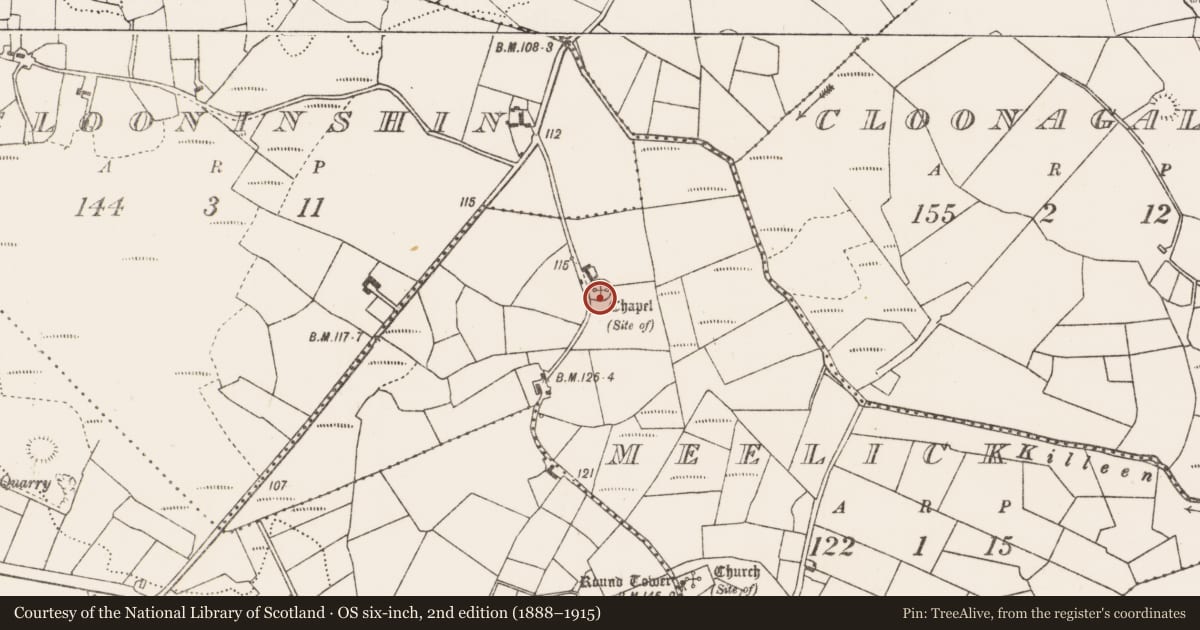 Ordnance Survey six-inch map, 2nd edition (1888–1915) covering the location of Ringfort - rath, Meelick, County Mayo, with a pin at the register's coordinates