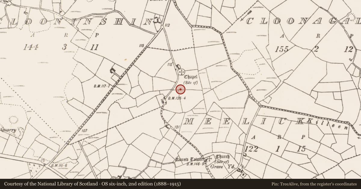Ordnance Survey six-inch map, 2nd edition (1888–1915) covering the location of Enclosure - large enclosure, Meelick, County Mayo, with a pin at the register's coordinates