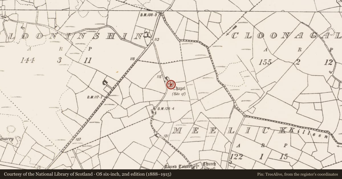 Ordnance Survey six-inch map, 2nd edition (1888–1915) covering the location of Bullaun stone, Meelick, County Mayo, with a pin at the register's coordinates