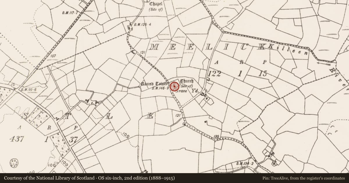 Ordnance Survey six-inch map, 2nd edition (1888–1915) covering the location of Church, Meelick, County Mayo, with a pin at the register's coordinates