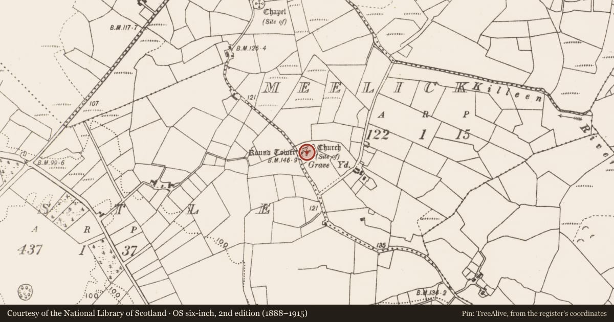 Ordnance Survey six-inch map, 2nd edition (1888–1915) covering the location of Graveyard, Meelick, County Mayo, with a pin at the register's coordinates