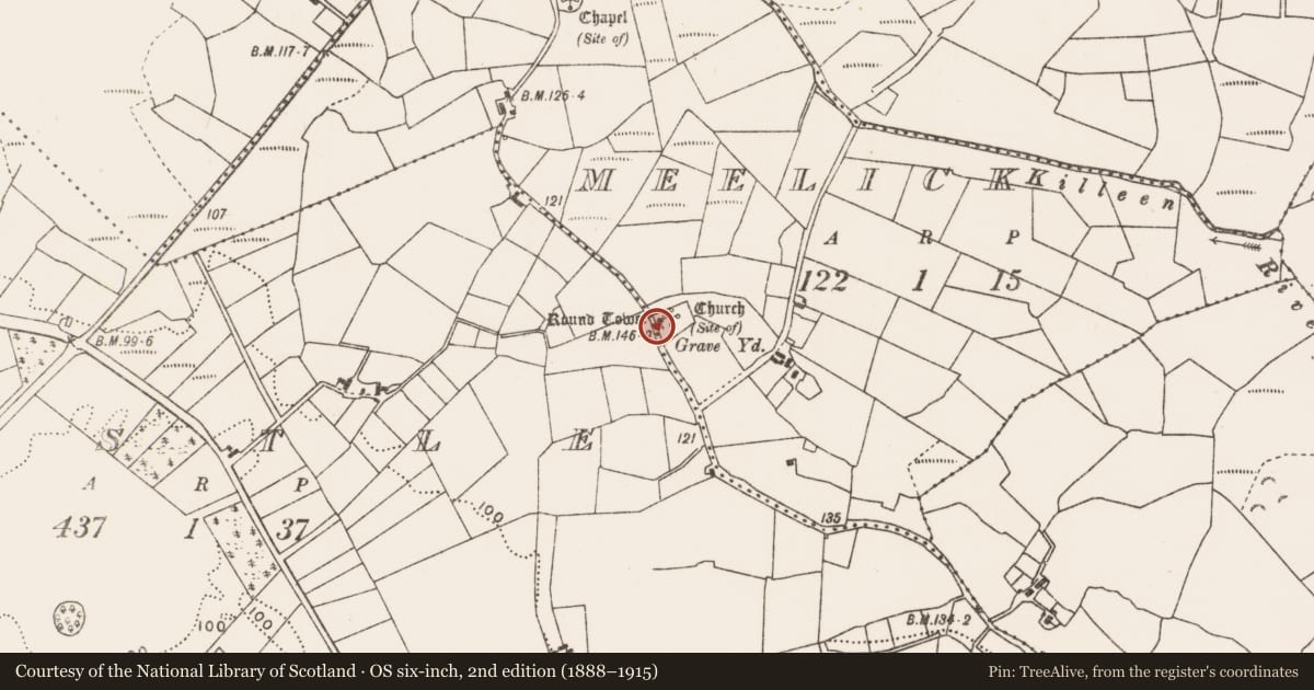 Ordnance Survey six-inch map, 2nd edition (1888–1915) covering the location of Round tower, Meelick, County Mayo, with a pin at the register's coordinates
