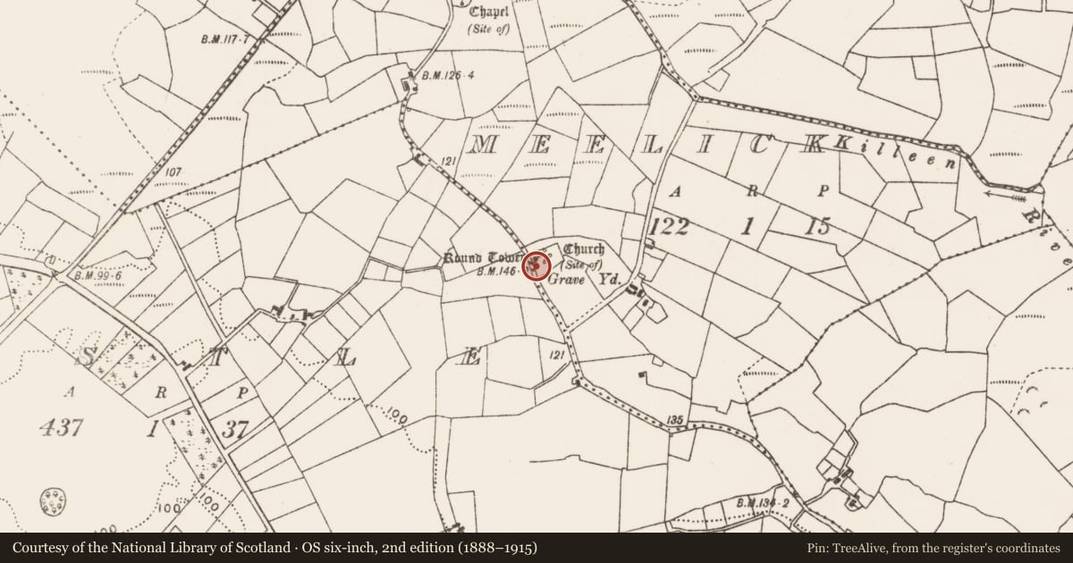 Ordnance Survey six-inch map, 2nd edition (1888–1915) covering the location of Cross-slab, Meelick, County Mayo, with a pin at the register's coordinates