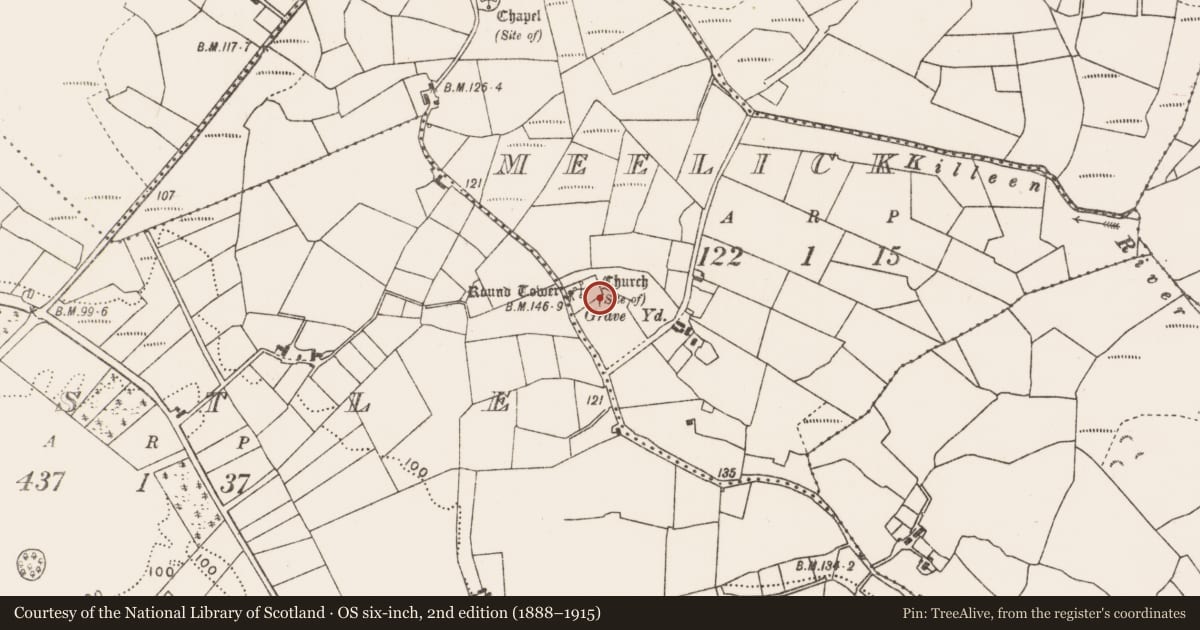 Ordnance Survey six-inch map, 2nd edition (1888–1915) covering the location of Architectural fragment, Meelick, County Mayo, with a pin at the register's coordinates