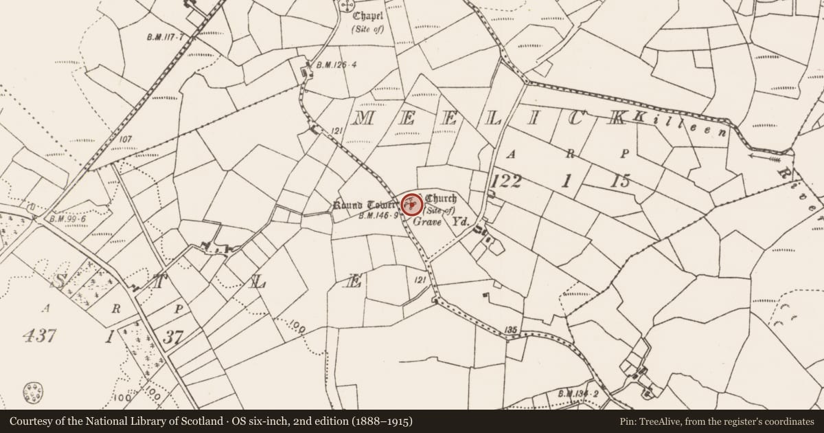 Ordnance Survey six-inch map, 2nd edition (1888–1915) covering the location of Souterrain, Meelick, County Mayo, with a pin at the register's coordinates