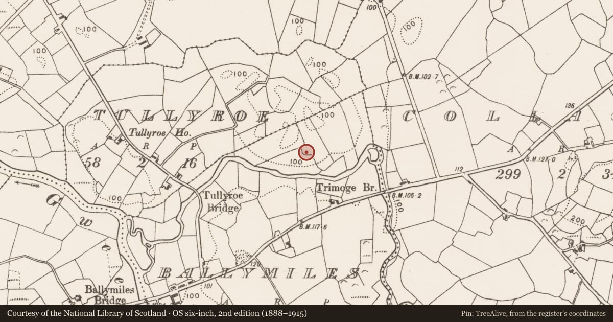 Ordnance Survey six-inch map, 2nd edition (1888–1915) covering the location of Enclosure, Ballymiles, County Mayo, with a pin at the register's coordinates