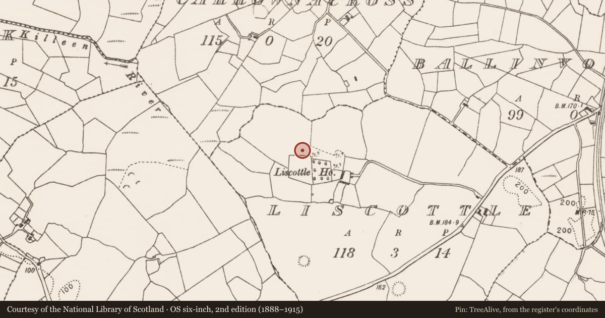 Ordnance Survey six-inch map, 2nd edition (1888–1915) covering the location of Ringfort - rath, Liscottle, County Mayo, with a pin at the register's coordinates