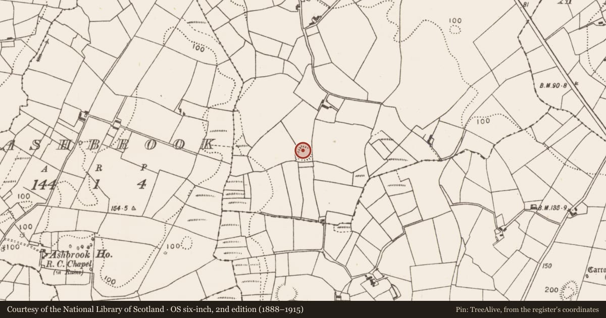 Ordnance Survey six-inch map, 2nd edition (1888–1915) covering the location of Ringfort - rath, Oughtagh, County Mayo, with a pin at the register's coordinates