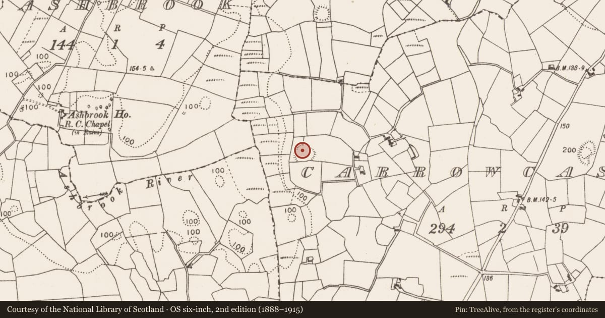 Ordnance Survey six-inch map, 2nd edition (1888–1915) covering the location of Ringfort - rath, Carrowcastle (Gallen By., Bohola Par.), County Mayo, with a pin at the register's coordinates