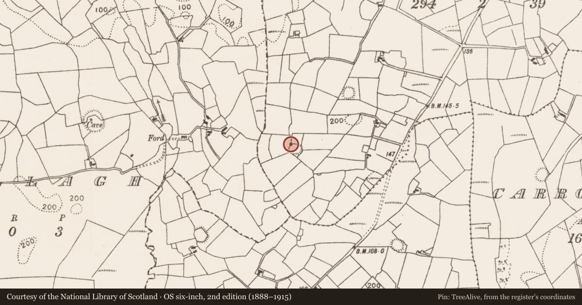 Ordnance Survey six-inch map, 2nd edition (1888–1915) covering the location of Ringfort - rath, Carrowcastle (Gallen By., Bohola Par.), County Mayo, with a pin at the register's coordinates