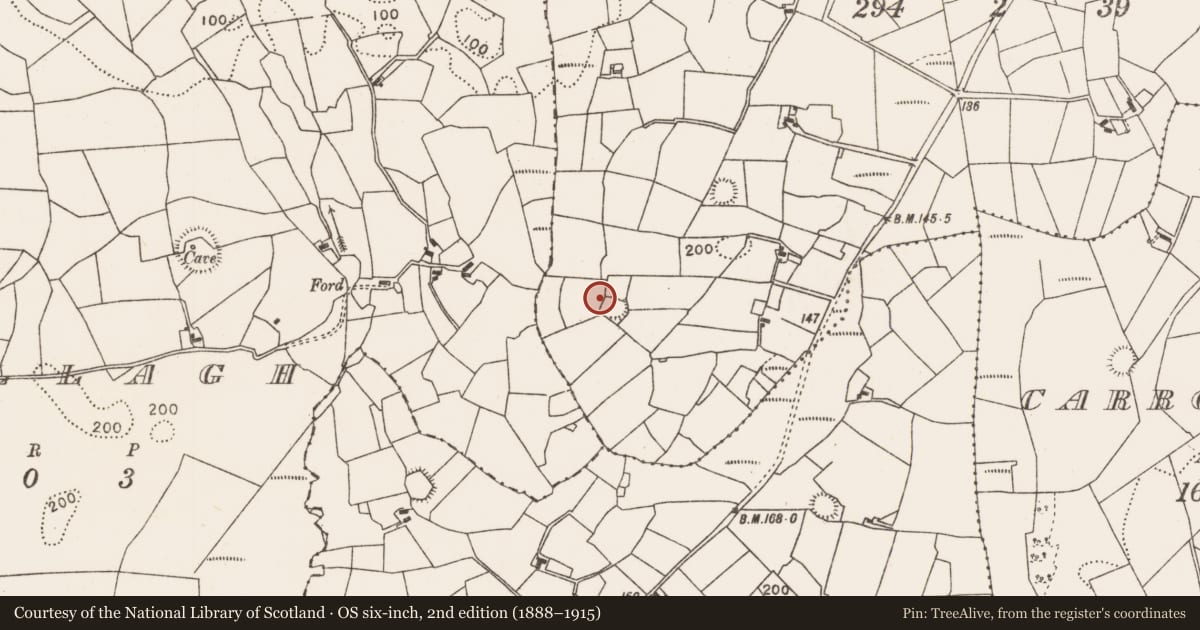 Ordnance Survey six-inch map, 2nd edition (1888–1915) covering the location of House - indeterminate date, Carrowcastle (Gallen By., Bohola Par.), County Mayo, with a pin at the register's coordinates