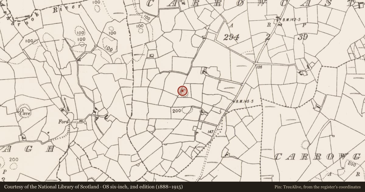 Ordnance Survey six-inch map, 2nd edition (1888–1915) covering the location of Ringfort - rath, Carrowcastle (Gallen By., Bohola Par.), County Mayo, with a pin at the register's coordinates