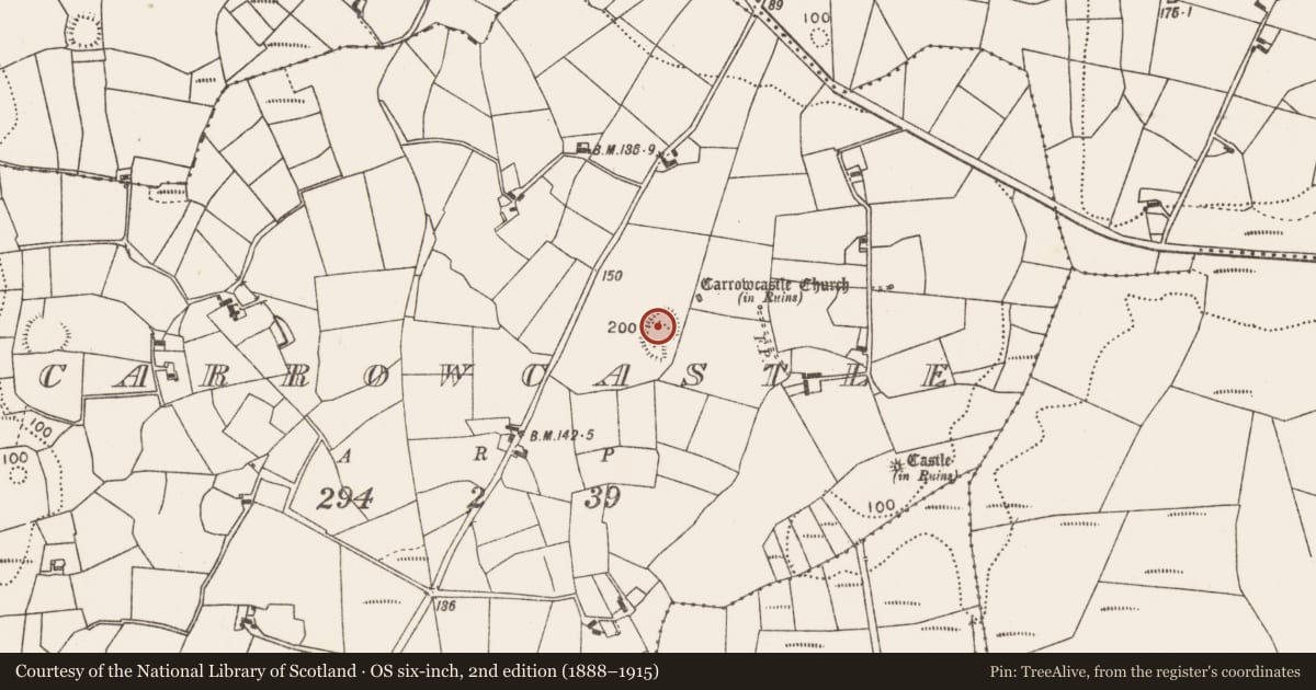 Ordnance Survey six-inch map, 2nd edition (1888–1915) covering the location of Castle - motte, Carrowcastle (Gallen By., Bohola Par.), County Mayo, with a pin at the register's coordinates