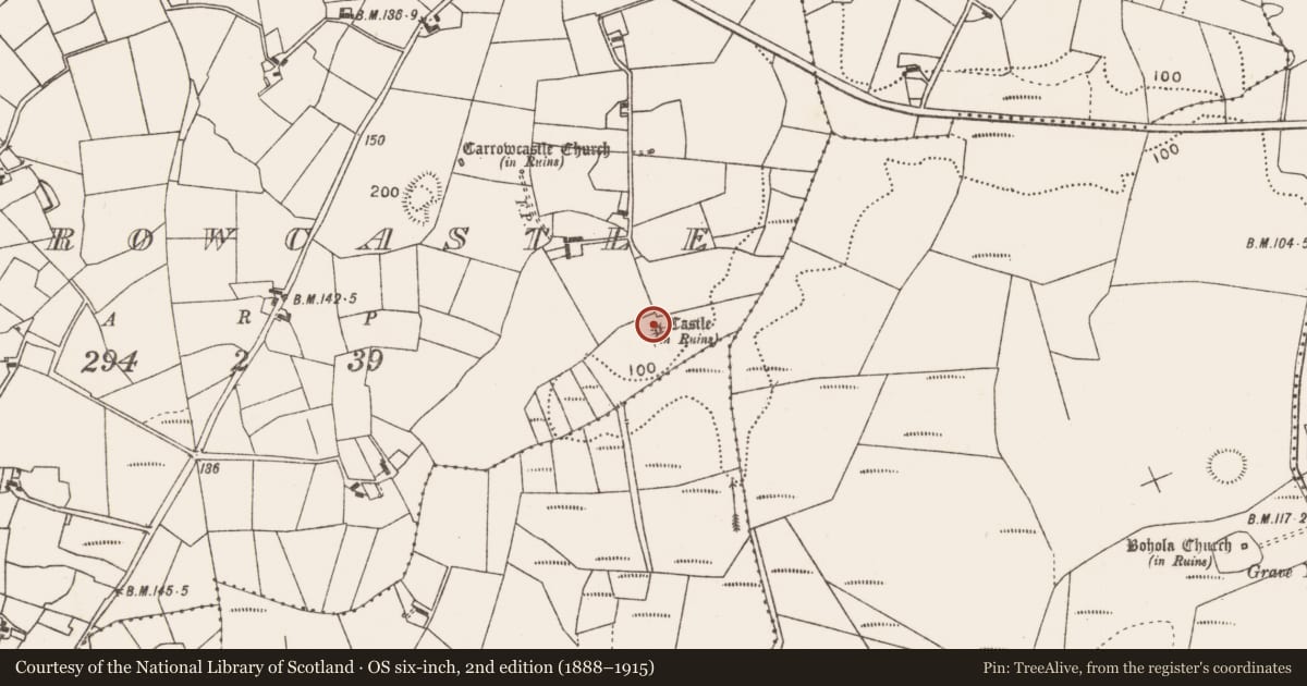 Ordnance Survey six-inch map, 2nd edition (1888–1915) covering the location of Castle - tower house, Carrowcastle (Gallen By., Bohola Par.), County Mayo, with a pin at the register's coordinates