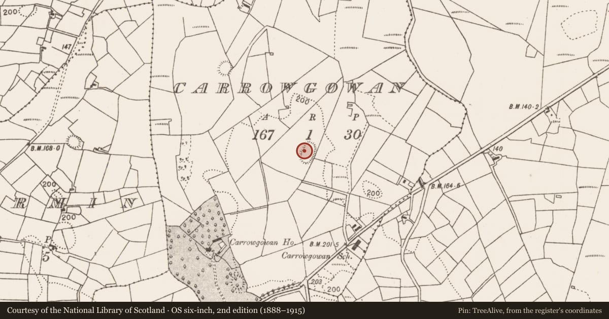 Ordnance Survey six-inch map, 2nd edition (1888–1915) covering the location of Ringfort - rath, Carrowgowan, County Mayo, with a pin at the register's coordinates