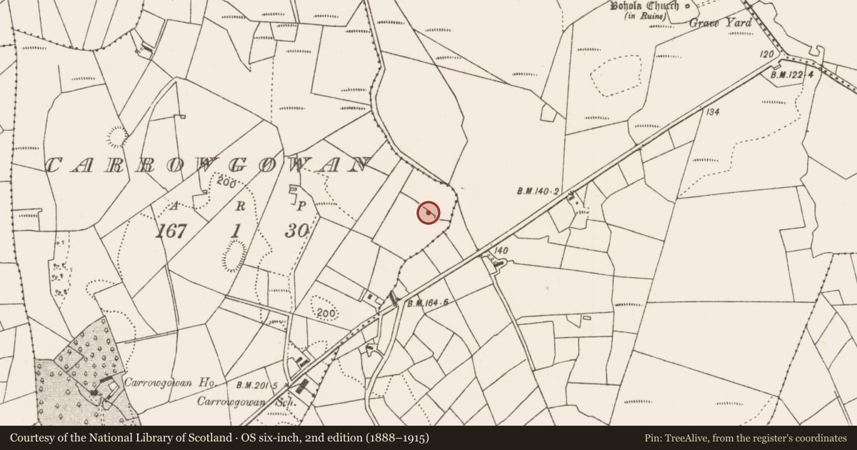 Ordnance Survey six-inch map, 2nd edition (1888–1915) covering the location of Enclosure, Carrowgowan, County Mayo, with a pin at the register's coordinates