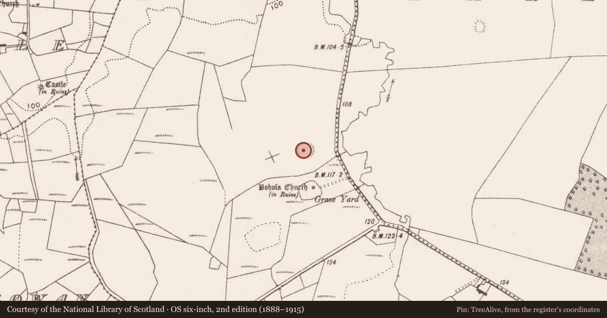 Ordnance Survey six-inch map, 2nd edition (1888–1915) covering the location of Castle - motte, Bohola, County Mayo, with a pin at the register's coordinates
