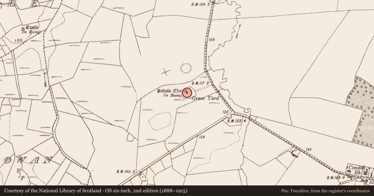 Ordnance Survey six-inch map, 2nd edition (1888–1915) covering the location of Graveyard, Bohola, County Mayo, with a pin at the register's coordinates